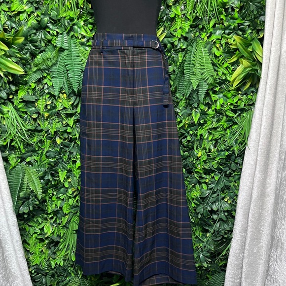 Ann Taylor Dress Pants Womens Size 6 Navy Blue Plaid Wide Leg Crop Belted 3758 - Picture 9 of 10